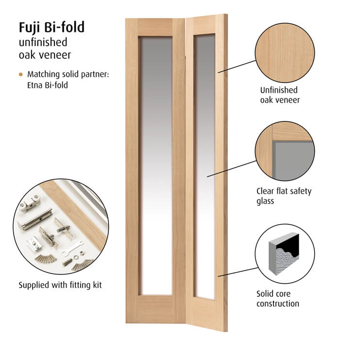 JB Kind Fuji Un-Finished Oak 2-Lites Internal Bi-Fold Glazed Door