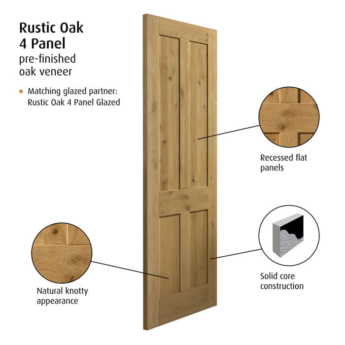 JB Kind Rustic Pre-Finished Oak 4-Panels Internal Door