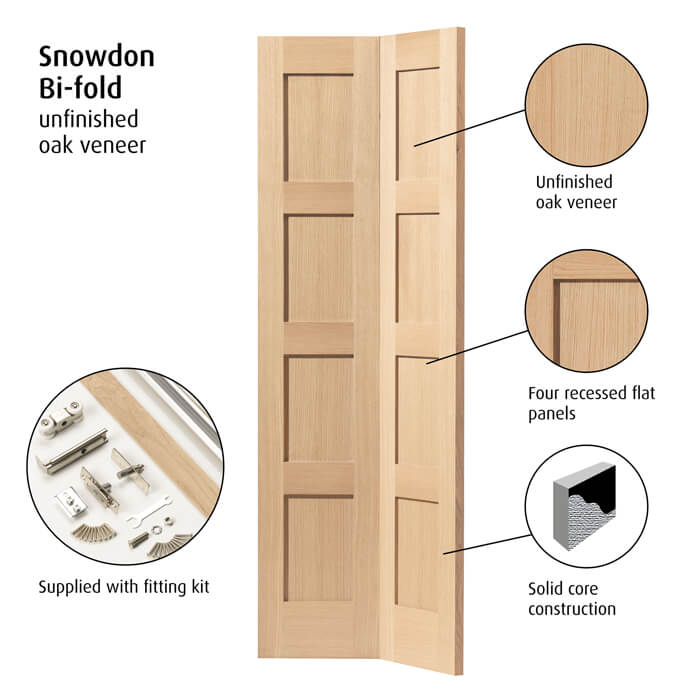 JB Kind Snowdon Un-Finished Oak 4-Panels Internal Bi-Fold Door