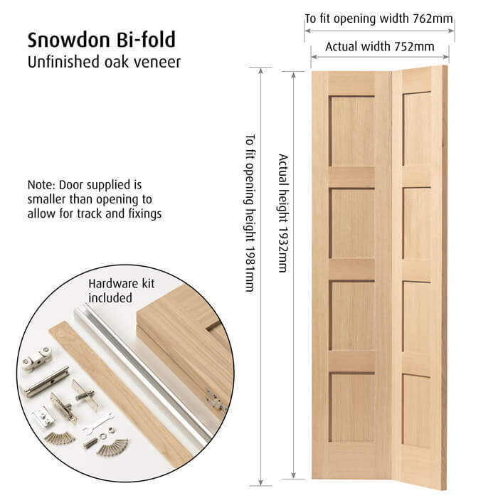 JB Kind Snowdon Un-Finished Oak 4-Panels Internal Bi-Fold Door