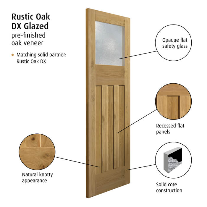 JB Kind Rustic Pre-Finished Oak 3-Panels 1-Lite Internal Glazed Door