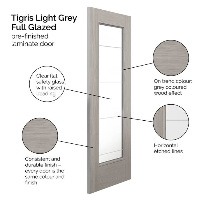 JB Kind Tigris Pre-Finished Light-Grey Laminate 1L Internal Glazed Door