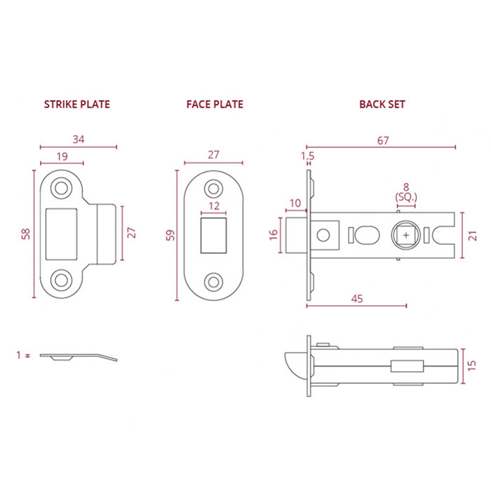 Deanta Tubular Latch Satin Nickel Non Fire Rated