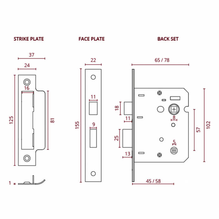 Deanta 3 Lever Bathroom Lock Satin Nickel