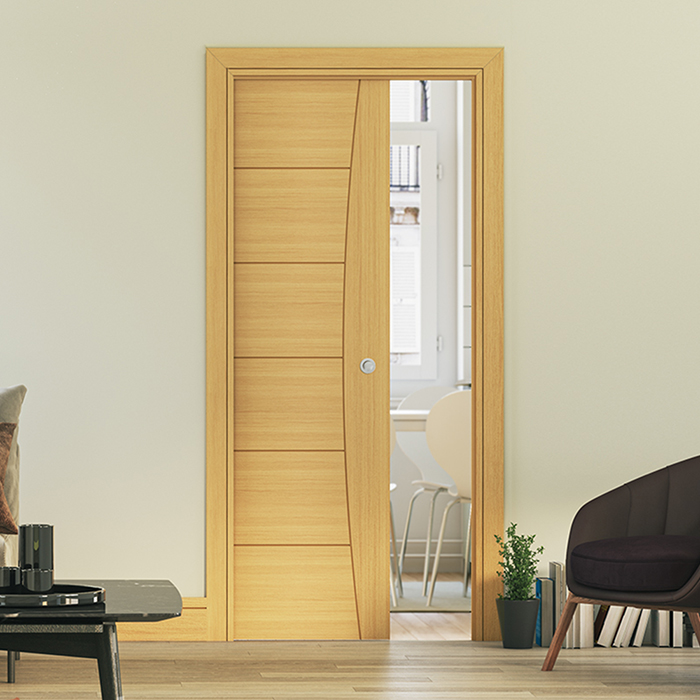 Deanta Single Pocket Door Kit 125mm - Oak Frame With Satin Chrome Hardware