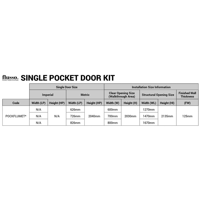 LPD Flusso Pre-Finished Single Pocket Door Kit For Door Size 626mm-726mm-826mm