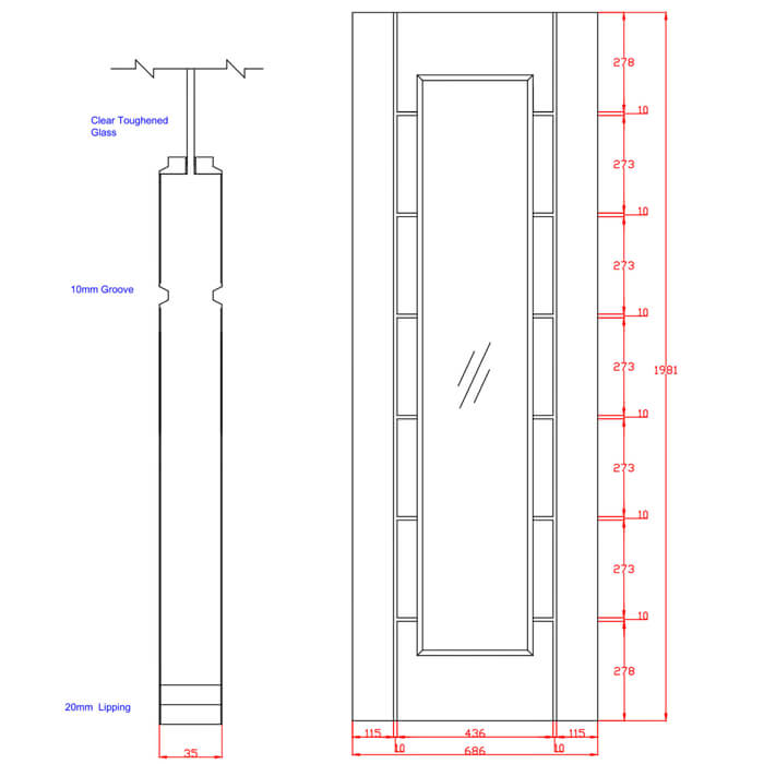 XL Joinery Palermo Essential Un-Finished Oak 7-Panels 1-Lite Internal Glazed Door