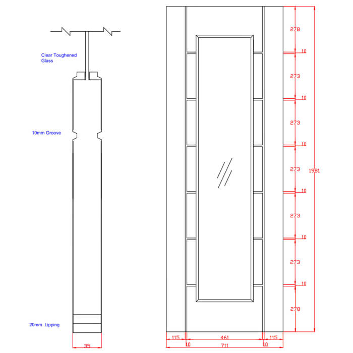 XL Joinery Palermo Essential Un-Finished Oak 7-Panels 1-Lite Internal Glazed Door