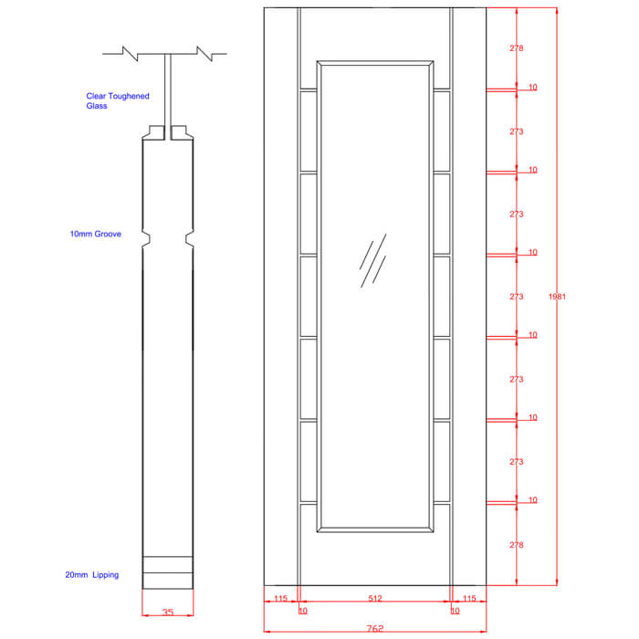 XL Joinery Palermo Essential Un-Finished Oak 7-Panels 1-Lite Internal Glazed Door