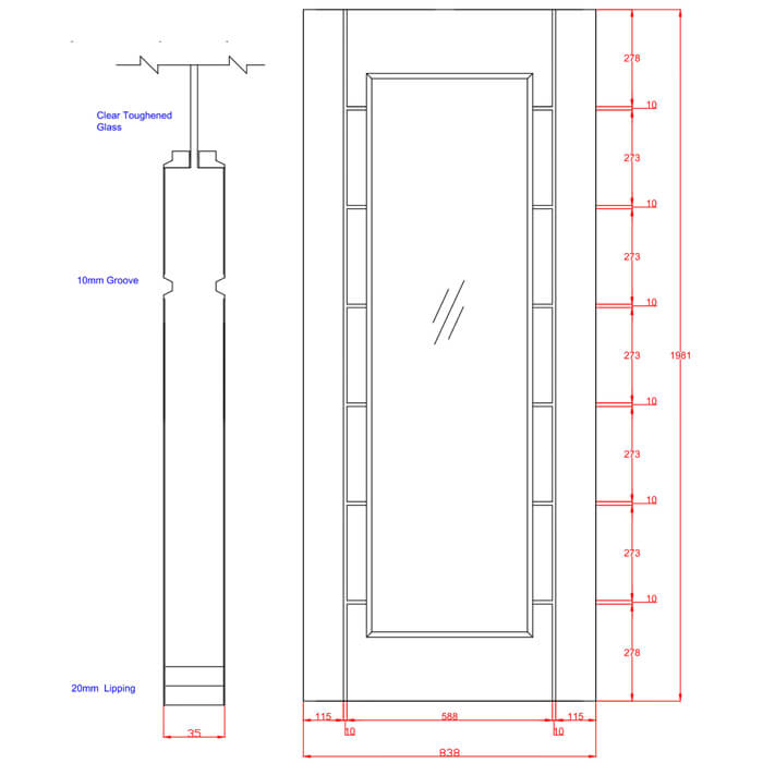 XL Joinery Palermo Essential Un-Finished Oak 7-Panels 1-Lite Internal Glazed Door