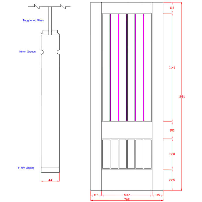 XL Joinery Suffolk Original 2XG Un-Finished Oak 6-Panels 1-Lite Internal Clear Etched Glazed Fire Door