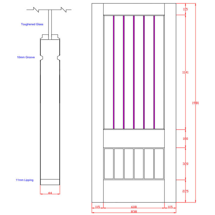 XL Joinery Suffolk Original 2XG Un-Finished Oak 6-Panels 1-Lite Internal Clear Etched Glazed Fire Door