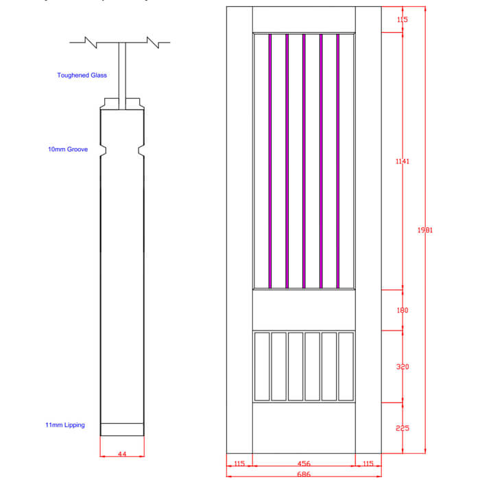 XL Joinery Suffolk Original 2XG Crema Oak 6-Panels 1-Lite Internal Clear Etched Glazed Fire Door.