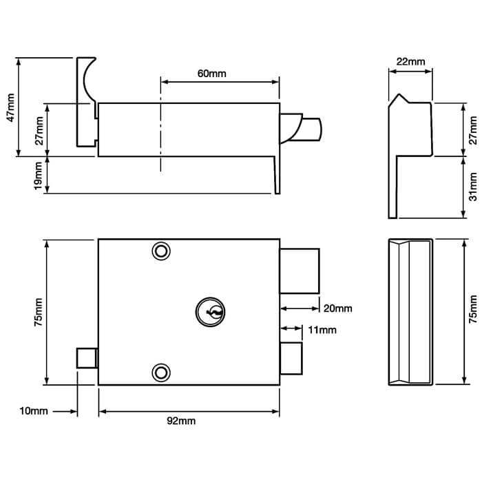 Union 1332 Cylinder Rim Drawback Lock 60mm Backset