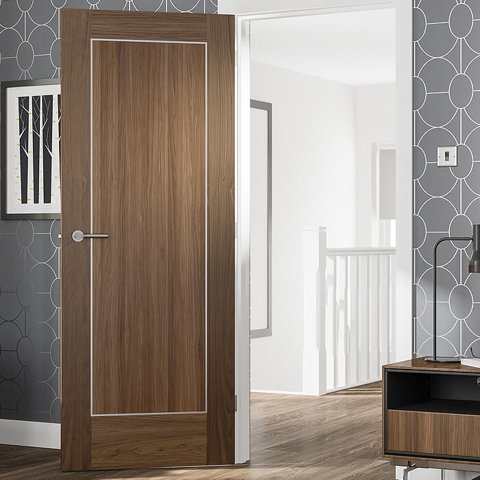 XL Joinery Varese Pre-Finished Walnut 1-Panel Internal Door With Aluminium Inlay