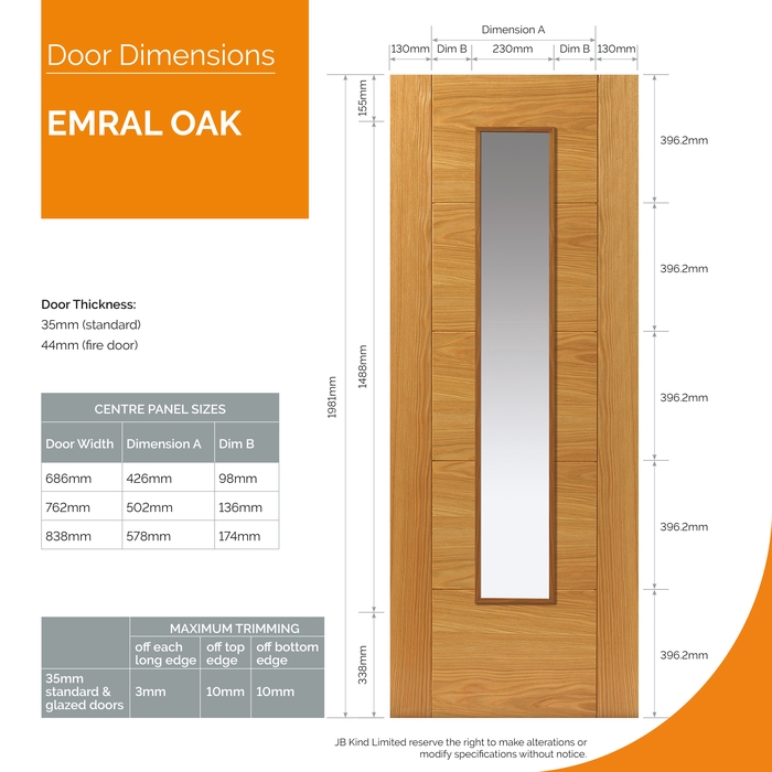 JB Kind Emral Pre-Finished Oak 5-Panels 1-Lite Internal Glazed Door