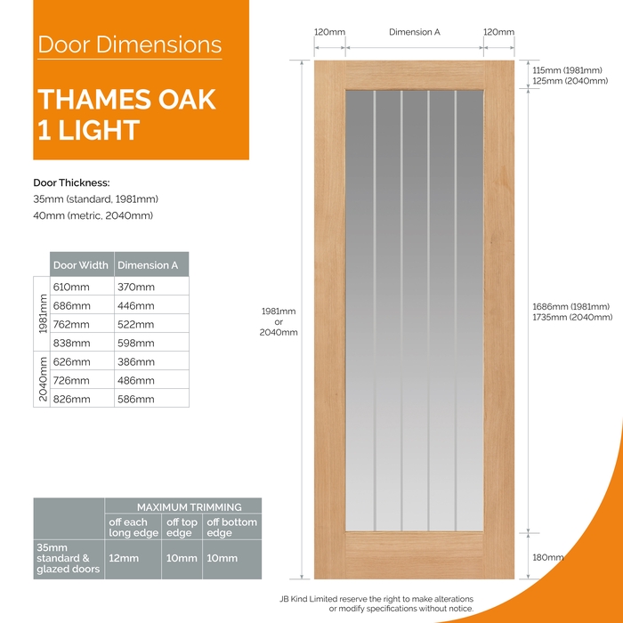 JB Kind Thames Un-Finished Oak 1-Lite Internal Glazed Fire Door