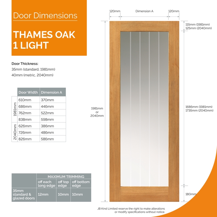 JB Kind Thames Pre-Finished Oak 1-Lite Internal Glazed Door