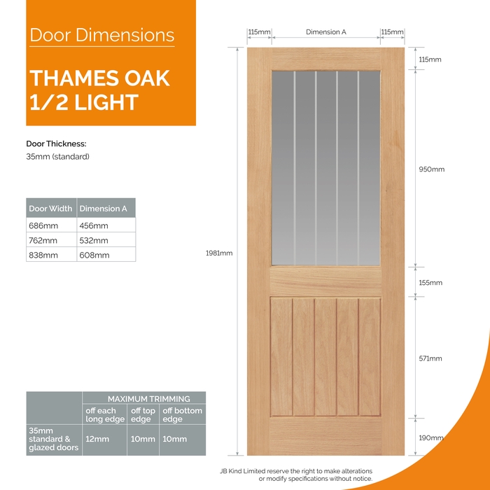 JB Kind Thames Un-Finished Oak 1-Panel 1-Lite Internal Glazed Door