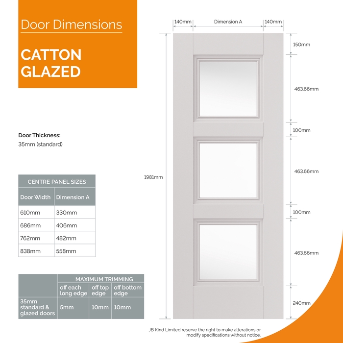 JB Kind Catton White Primed 3-Lites Internal Glazed Door