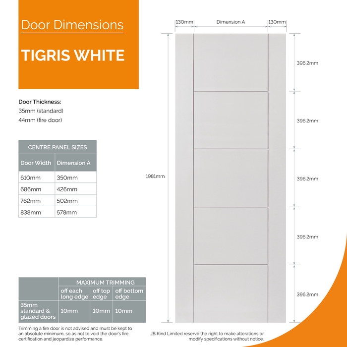 JB Kind Tigris Pre-Finished White 5-Panels Internal Door