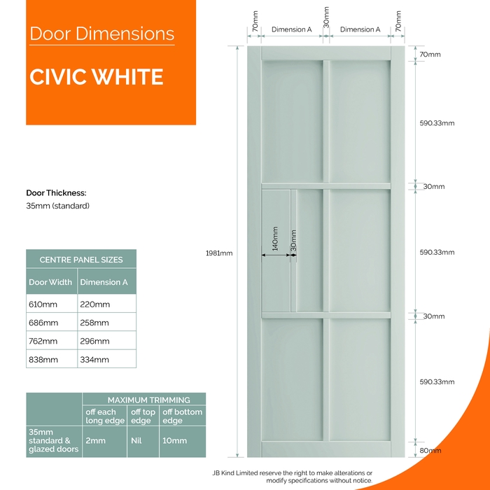 JB Kind Civic Painted White 6-Panels Internal Door