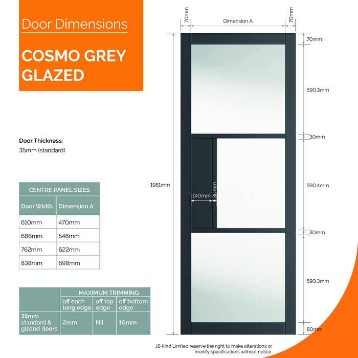 JB Kind Cosmo Pre-Finished Laminated Graphite-Grey 3-Lites Internal Glazed Door