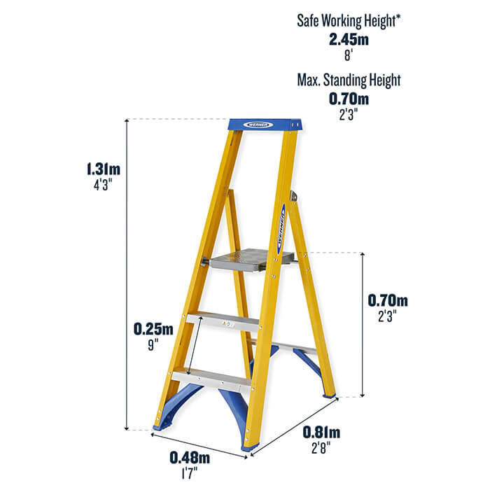 Werner Fibreglass Platform Stepladders -3 Tread