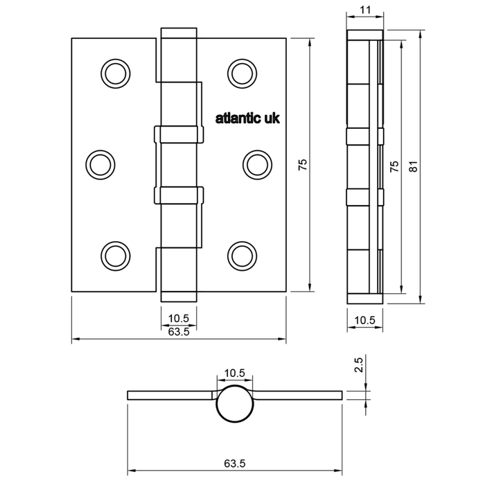 Atlantic 3 Inch Ball Bearing Steel Hinges - Pack Of 3