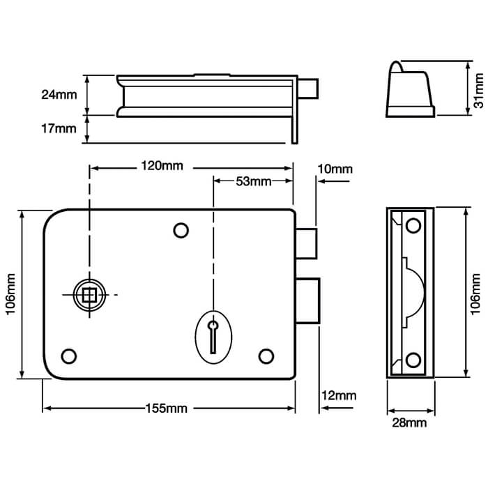 Union 1439 Lever Rim Lock 53mm Backset - Black Japanned