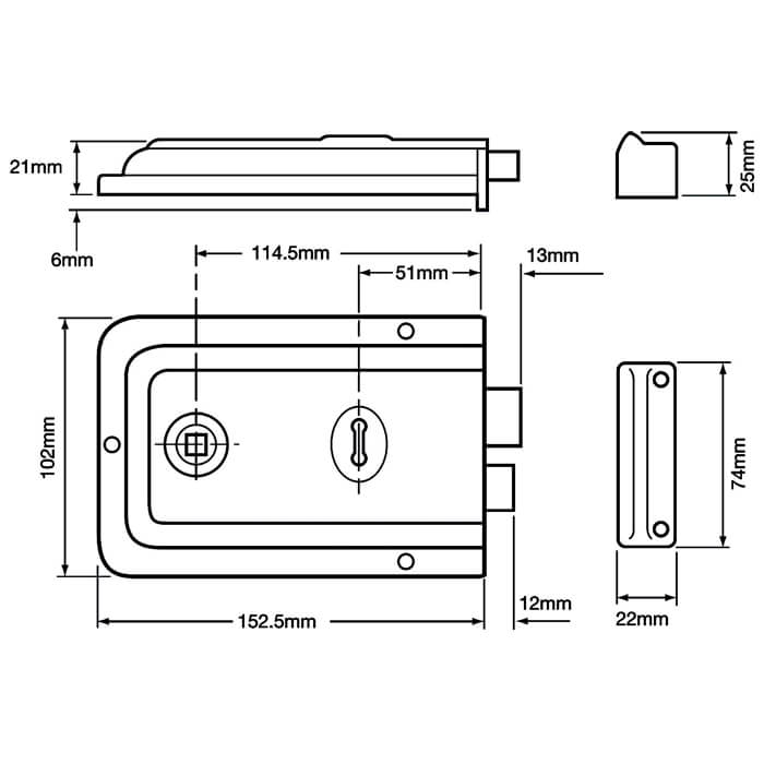 Union 1445 Lever Rim Lock 51mm Backset - Black Japanned