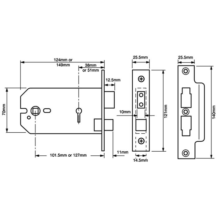 Union 3 Lever Horizontal Mortice Lock