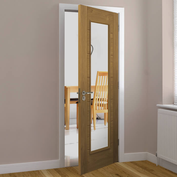 JB Kind Palomino Internal Door with 7 Panel and 1 Clear Glazed Light - Prefinished Oak