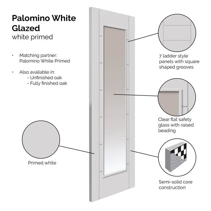 JB Kind Palomino Internal Door with 7 Panel and 1 Clear Glazed Light - White Primed