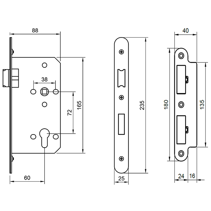 Atlantic DIN Radius Euro Profile Sashlock Double Throw 60mm Backset