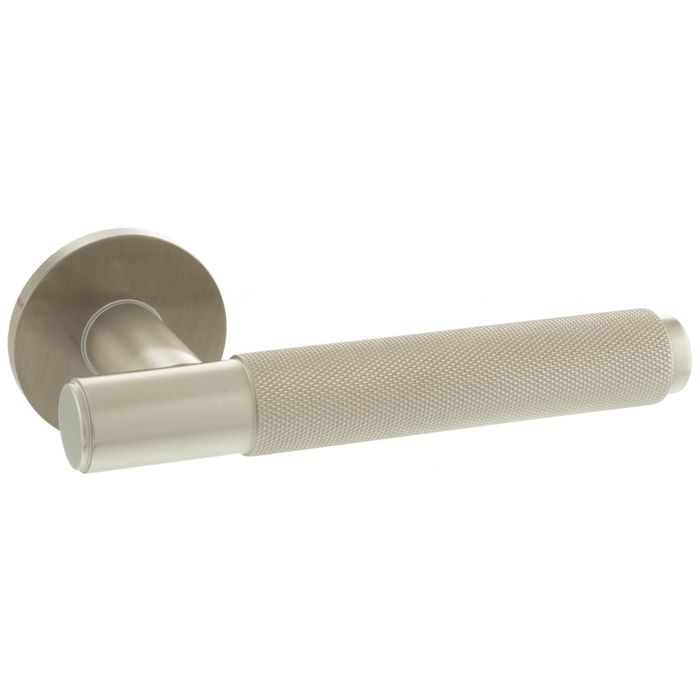 Atlantic Millhouse Brass Crompton Knurled Lever Door Handle On 5mm Slimline Round Rose