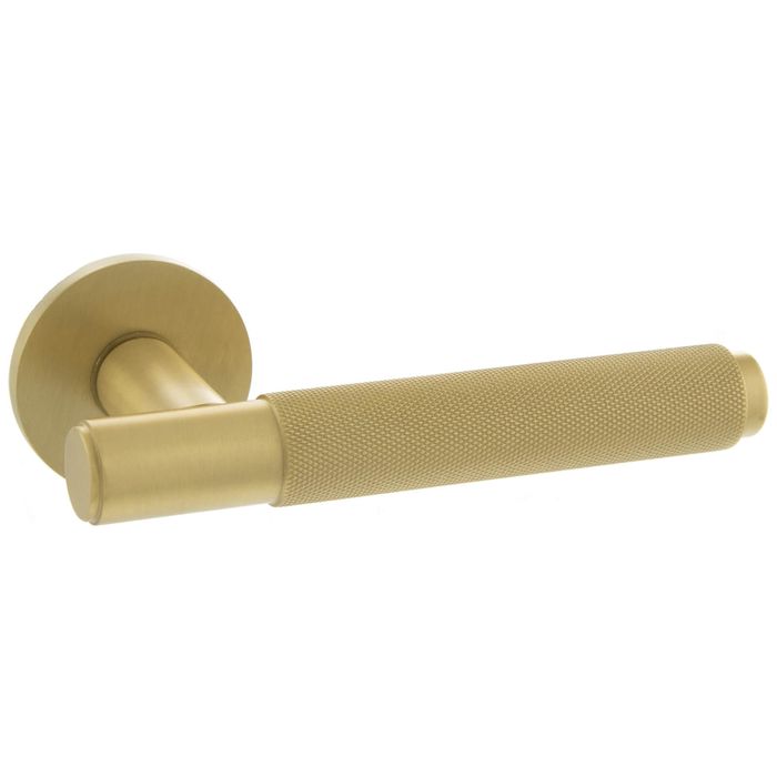 Atlantic Millhouse Brass Crompton Knurled Lever Door Handle On 5mm Slimline Round Rose