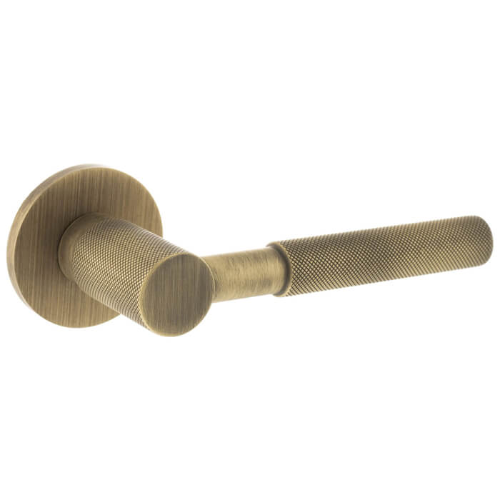 Atlantic Millhouse Brass Mason Knurled Lever Door Handle on 5mm Slimline Round Rose