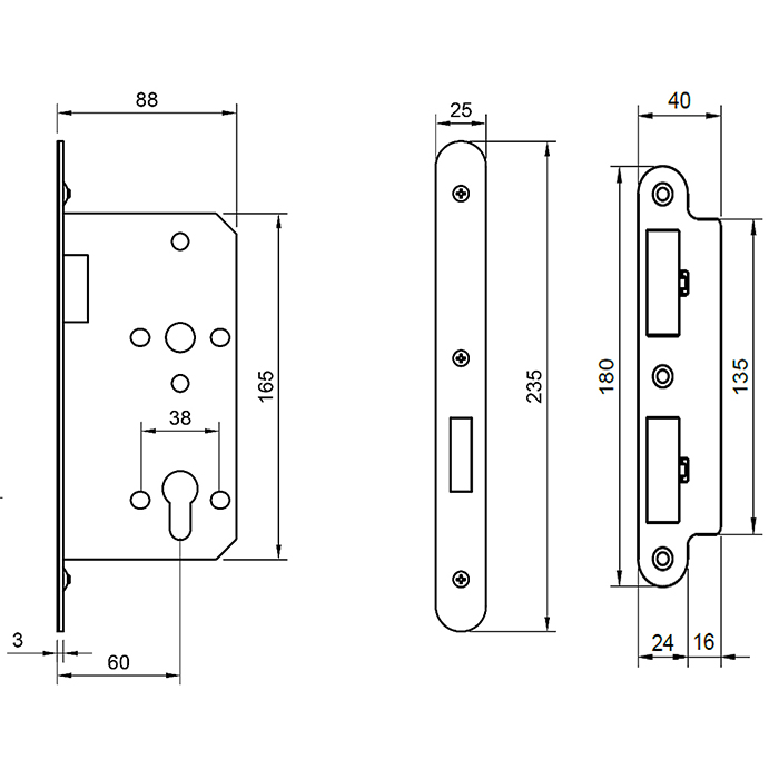 Atlantic DIN Radius Euro Profile Deadlock Double Throw 60mm Backset