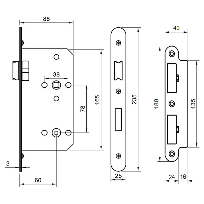 Atlantic DIN Radius Double Turn Bathroom Lock 60mm Backset