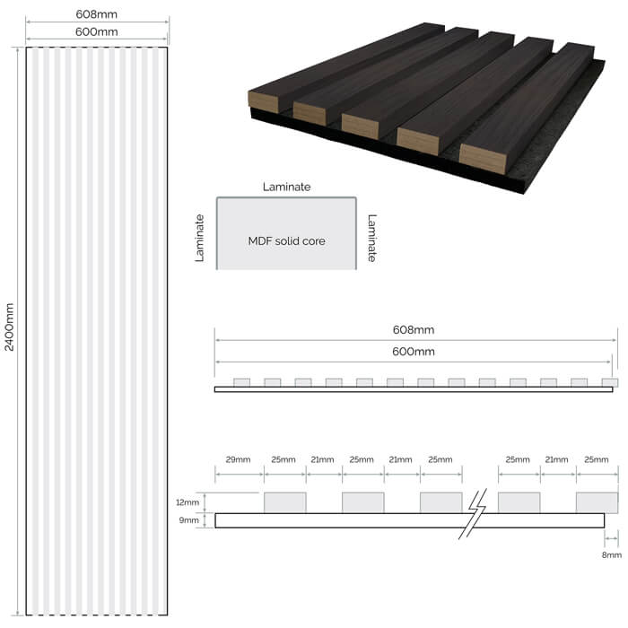 JB Kind Acoustic Wall Panel Fully-Finished Dark-Grey Laminate