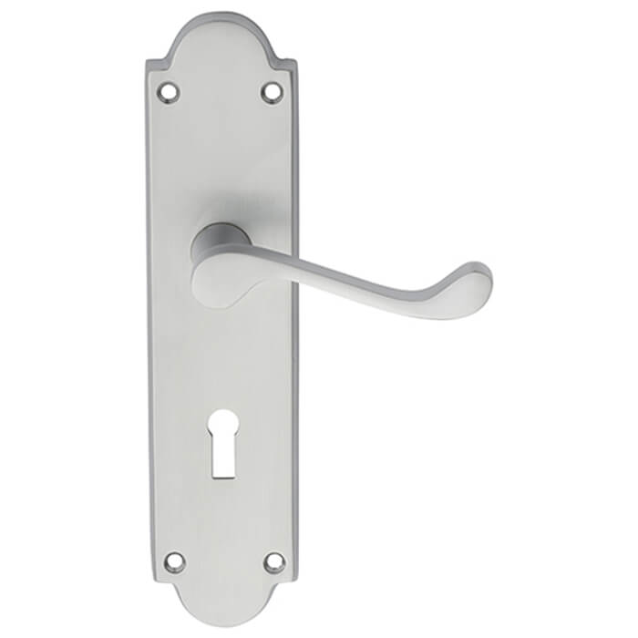 Carlisle Brass Victorian Scroll Lever with Privacy Lock on Shaped Backplate
