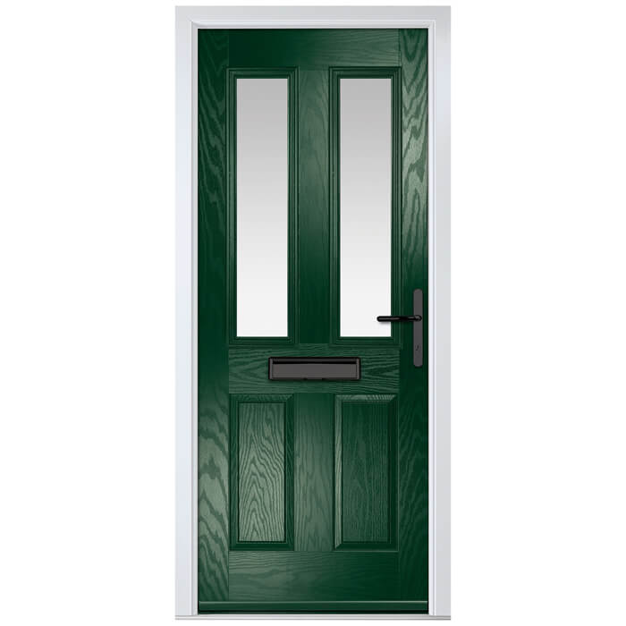 Crystal Carnoustie Left Hand External Door with 2 Panels and 2 Stipolytte Glazed Light - Green