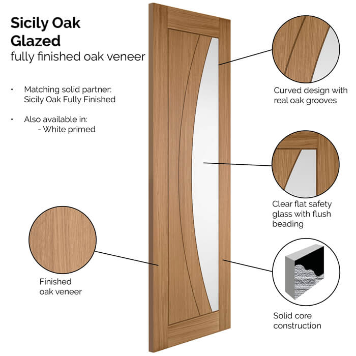 JB Kind Sicily Internal Door with 2 Panel and 1 Clear Glazed Light - Prefinished Oak