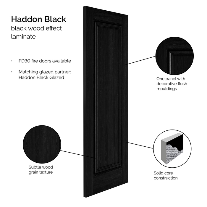 JB Kind Haddon Internal Door with 1 Panel - Prefinished Black