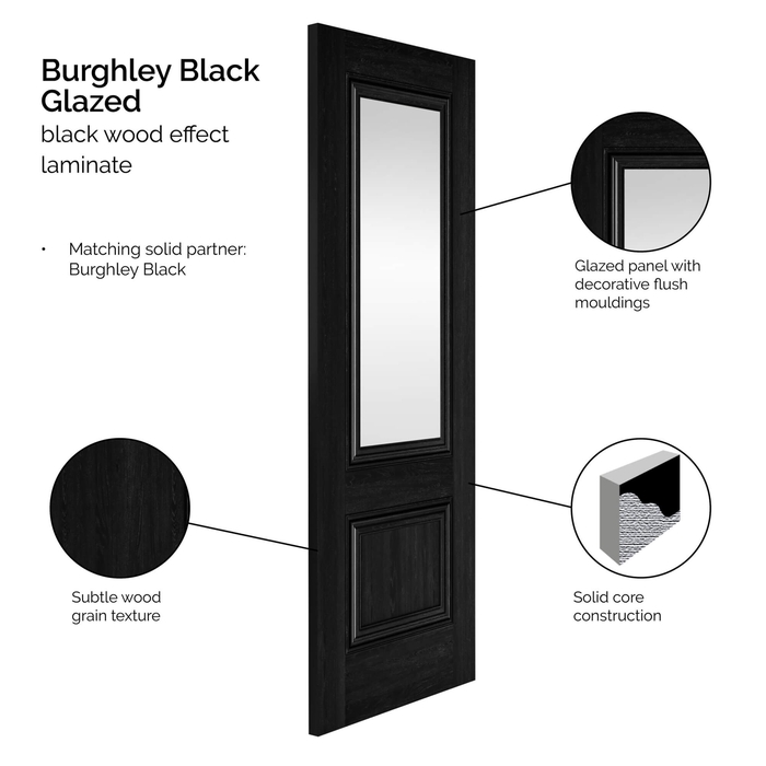 JB Kind Burghley Internal Door with 1 Panel and 1 Clear Glazed Light - Prefinished Black