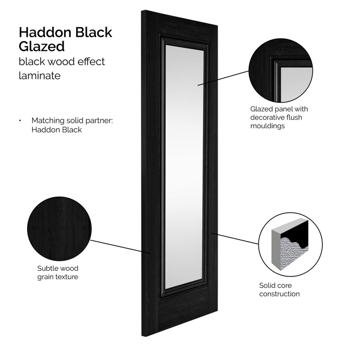 JB Kind Haddon Internal Door with 1 Clear Glazed Light - Prefinished Black