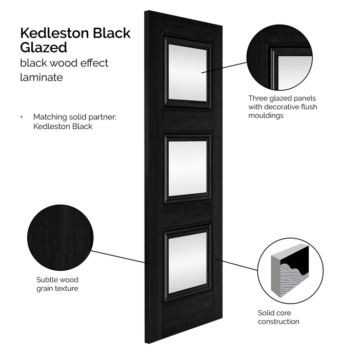 JB Kind Kedleston Internal Door with 3 Clear Glazed Light - Prefinished Black