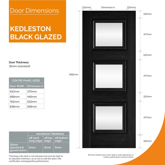 JB Kind Kedleston Internal Door with 3 Clear Glazed Light - Prefinished Black